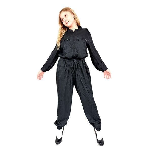 Victoria Sport Black Parachute Jumpsuit Zip Front Cinch Waist Cargo Pockets Sz M - Picture 2 of 9
